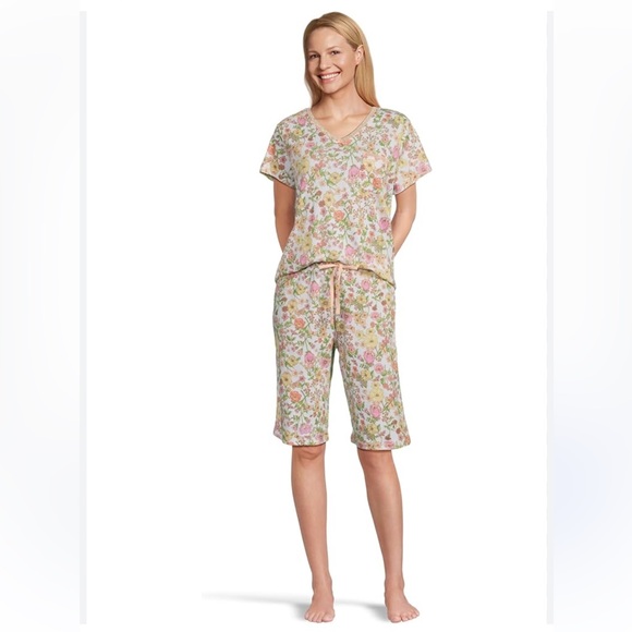 KAREN NEUBURGER Floral Cotton Pajama Set Sz L | Short Sleeve + Bermuda Women’s - Picture 1 of 16